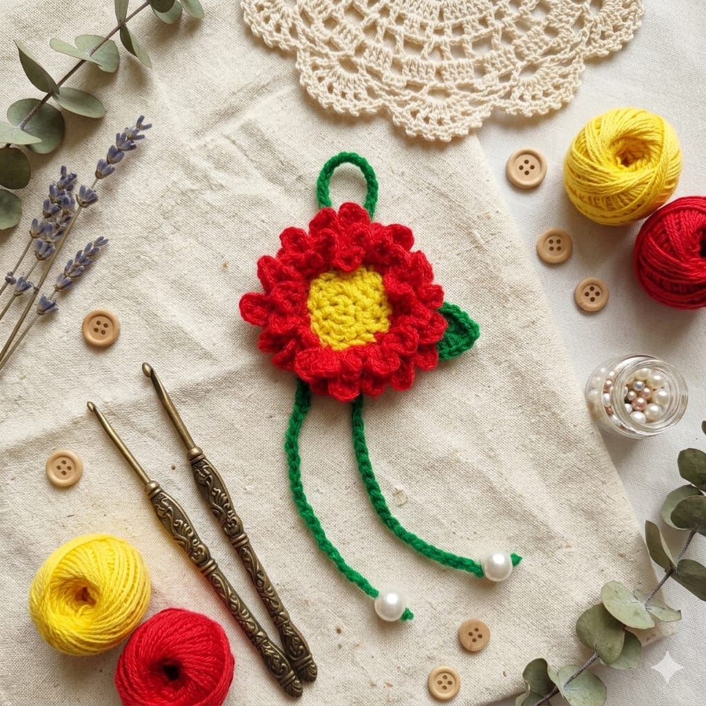 Handmade Crochet Red Flower Adjustable Hair Band β Pearl Drops ke Saath - Image 2