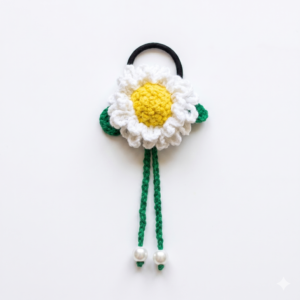 Handmade Crochet White Flower Adjustable Hair Band – Pearl Drops ke Saath