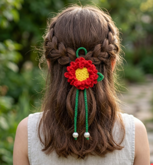 Handmade Crochet Red Flower Adjustable Hair Band β Pearl Drops ke Saath - Image 4