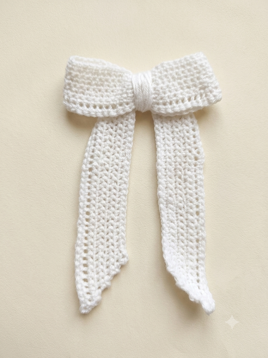 Crochet White Hair Bow Clip - Image 2