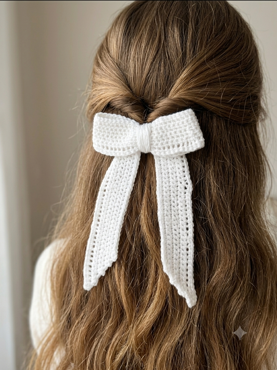 Crochet White Hair Bow Clip