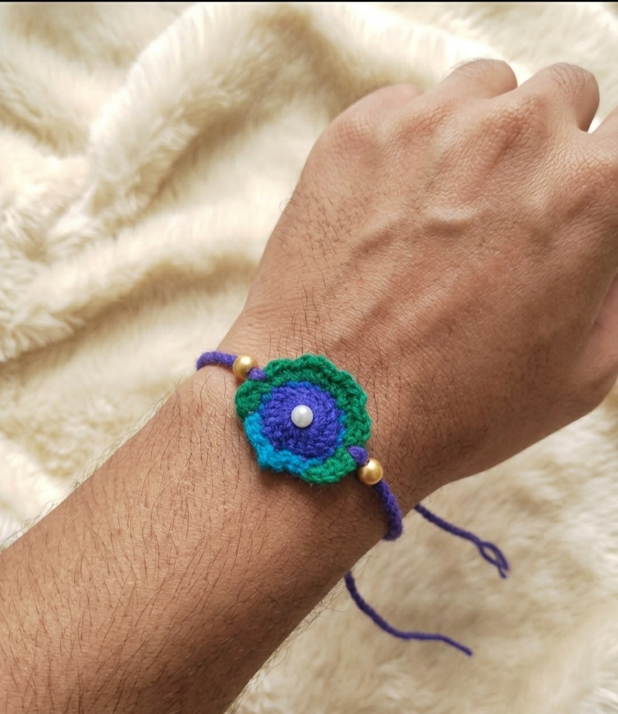 Peacock Feather Rakhi | Handmade Crochet Rakhi
